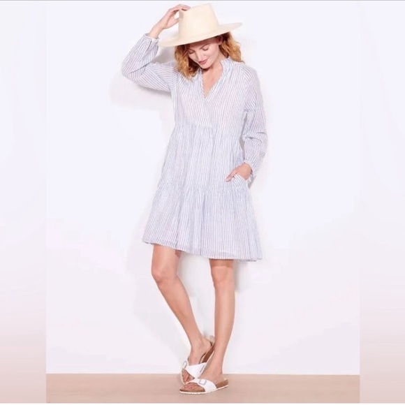 White + Chambray Tiered Dress with 3/4 length sleeves. - Picture 2 of 7